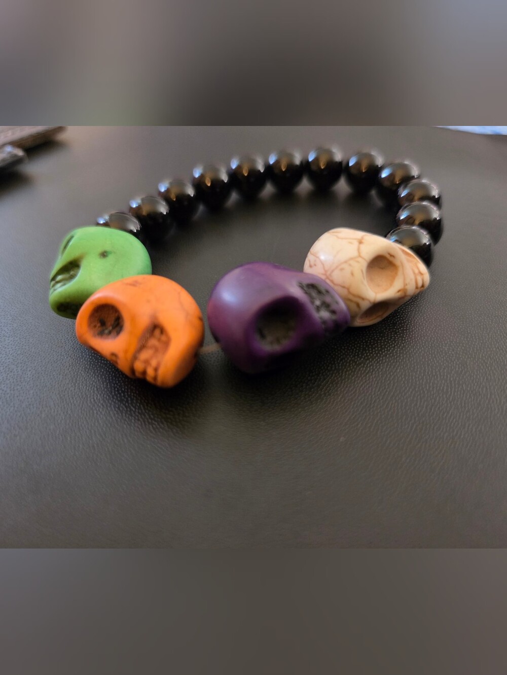 Halloween Skull Stretch Bracelet Ceramic Skulls Glass Beads